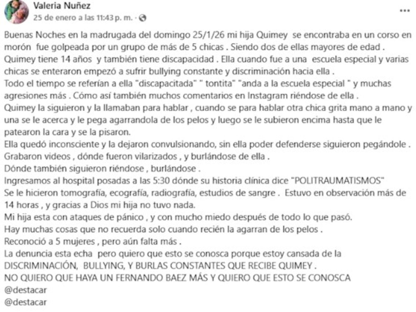 Brutal golpiza a una chica con TEA en Morón.
