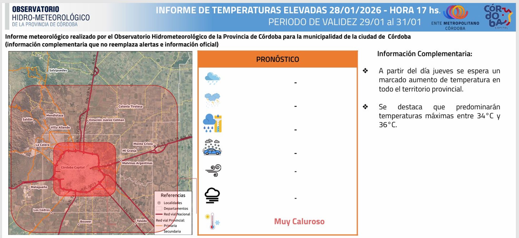 Altas temperaturas en Córdoba hasta el sábado 31 de enero, inclusive.