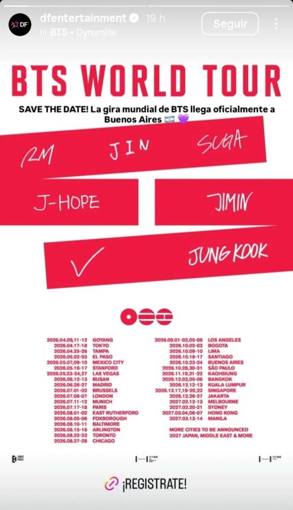 Calendario oficial del "BTS WORLD TOUR: ARIRANG 2026".