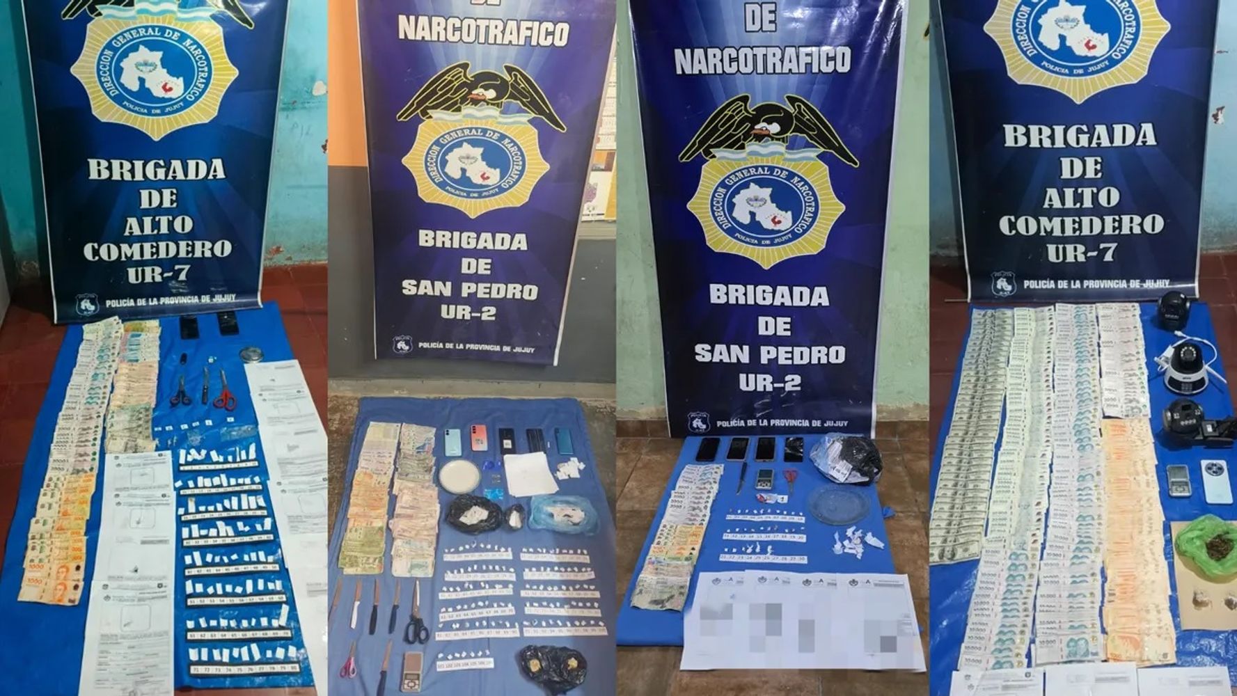 Nueve detenidos y miles de dosis de droga incautadas en operativos policiales en Jujuy. La fuerza de seguridad incautó pasta base, cocaína, marihuana, celulares, armas y dinero en efectivo, y detuvo a nueve personas.