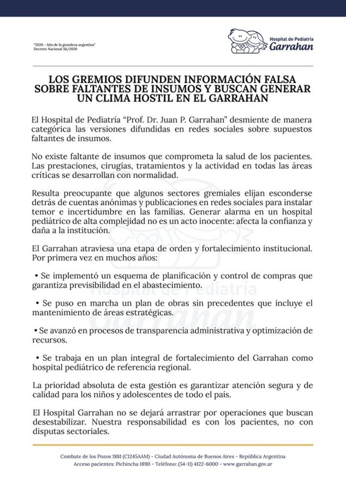 El comunicado oficial del Hospital Garrahan