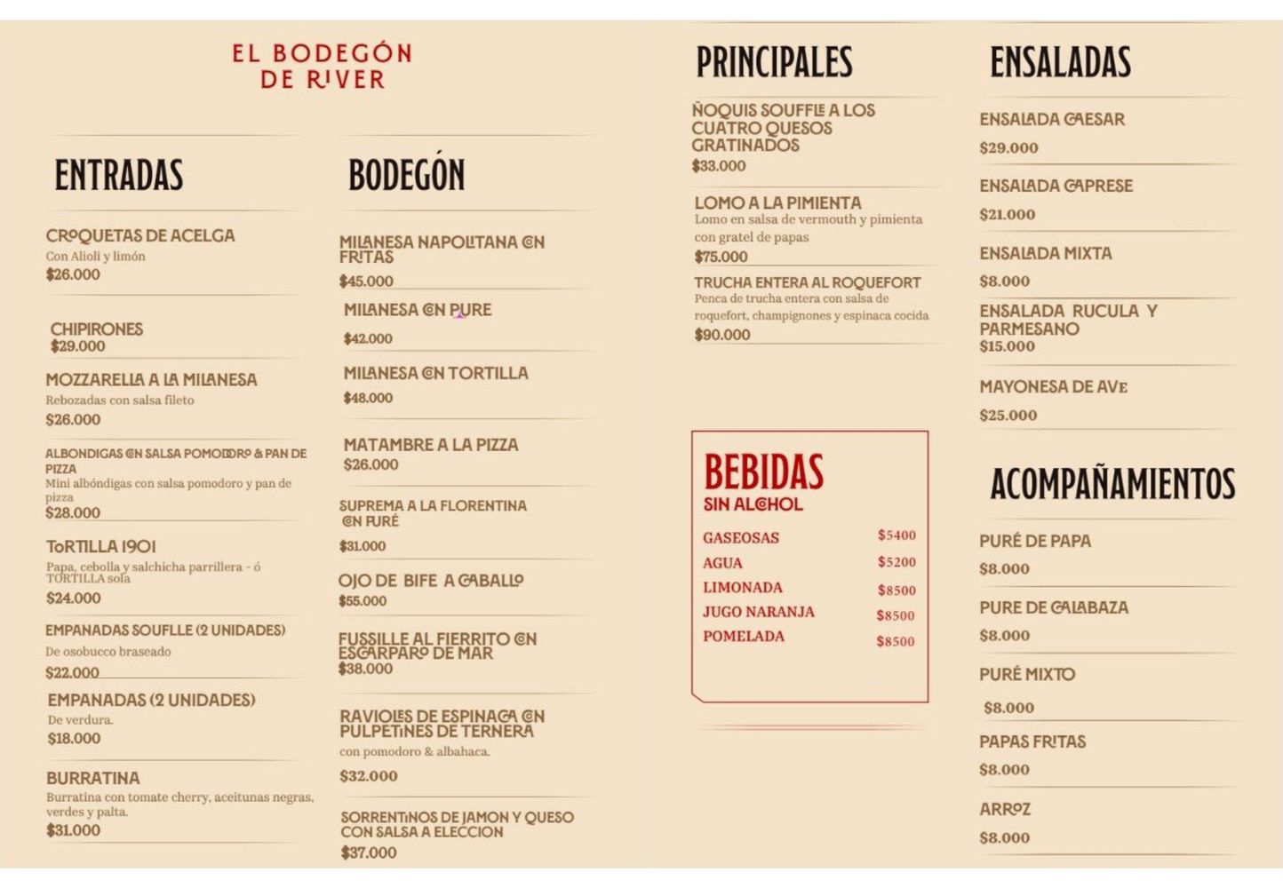 Los precios del menú del Bodegón 1901 de River.