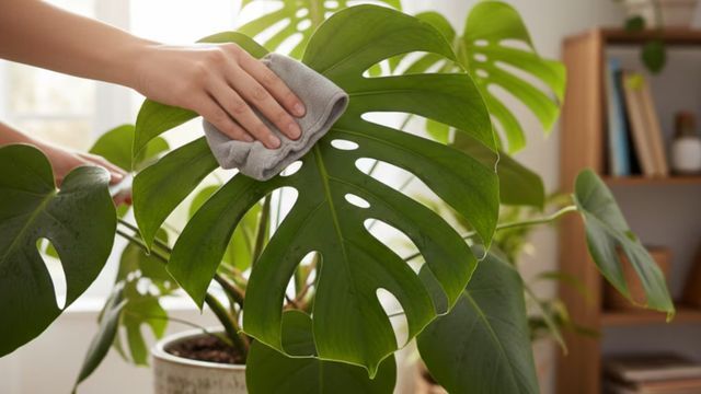La monstera, protagonista de la decoración interior, requiere limpieza regular para mantener sus hojas brillantes y sanas.
