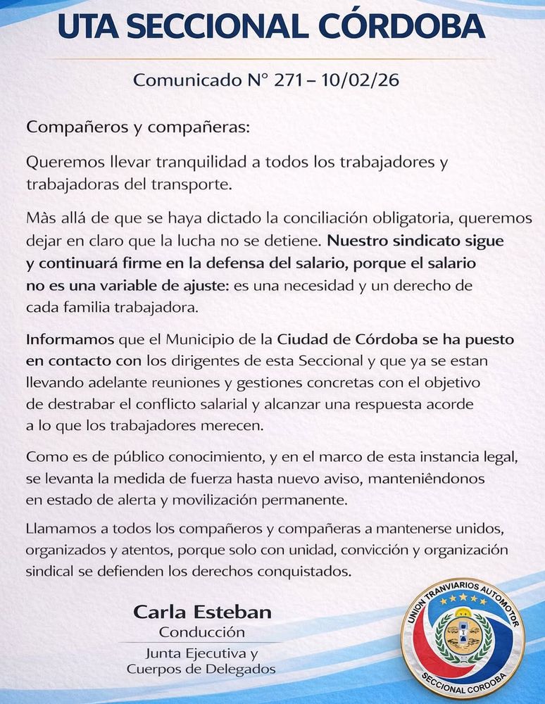 El comunicado de UTA en Córdoba tras la conciliación obligatoria.