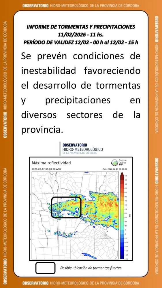 Advertencia por tormentas en Córdoba.