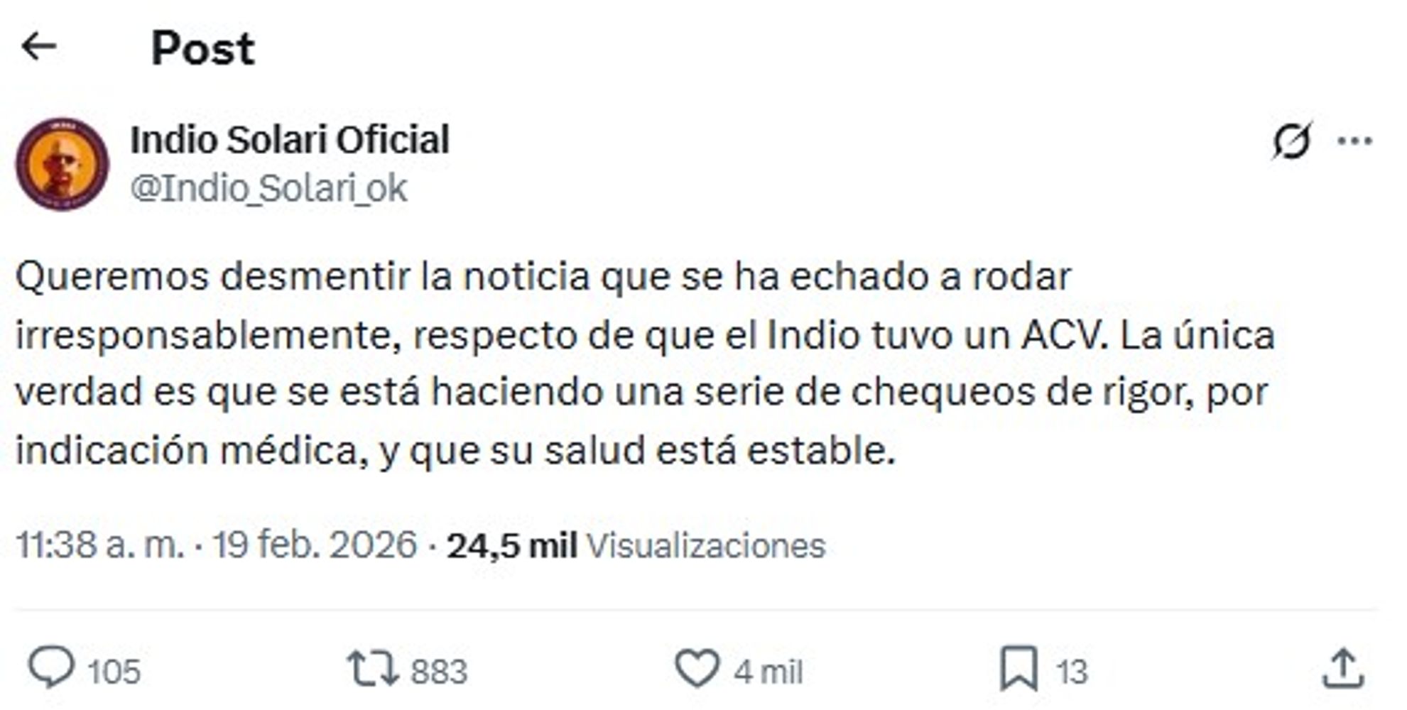 Preocupación por el Indio Solari: la familia desmiente un ACV y aclara su verdadero estado de salud