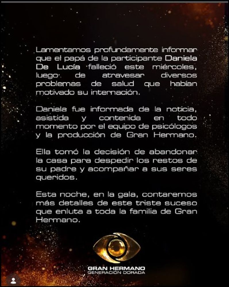 El comunicado de Gran Hermano sobre la situación familiar de Daniela de Lucía.