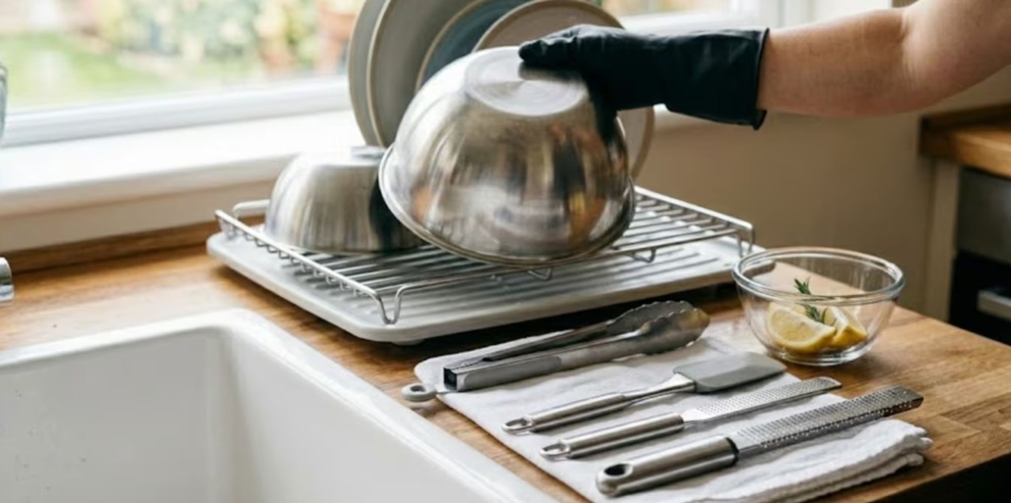 Detalle de platos y sartenes en el fregadero durante la preparación de una comida, reflejando la integración de tareas.
