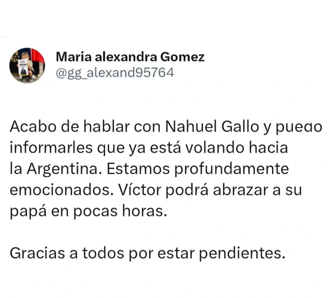 El mensaje de la esposa del gendarme liberado en Venezuela.