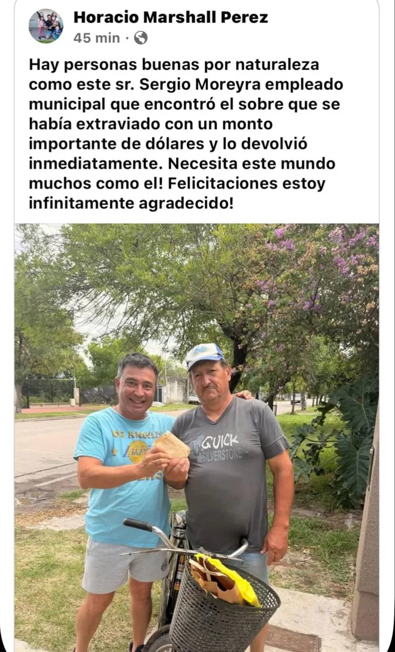 Sergio Moreyra, empleado municipal, devolvió el sobre con dólares que encontró en Alicia, Córdoba. (Foto: gentileza El Doce).