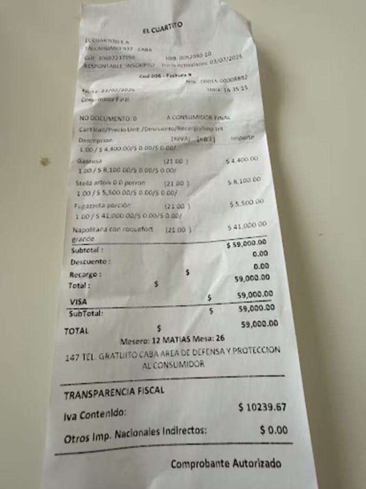 Fue a El Cuartito y el ticket se hizo viral