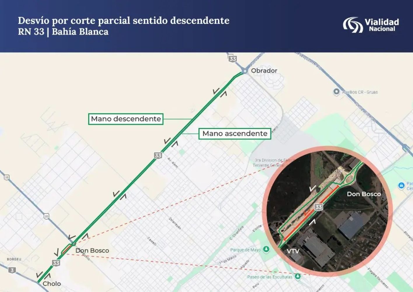 Tareas en la Ruta 33 obligan a modificar el tránsito en uno de los accesos a Bahía Blanca. 
