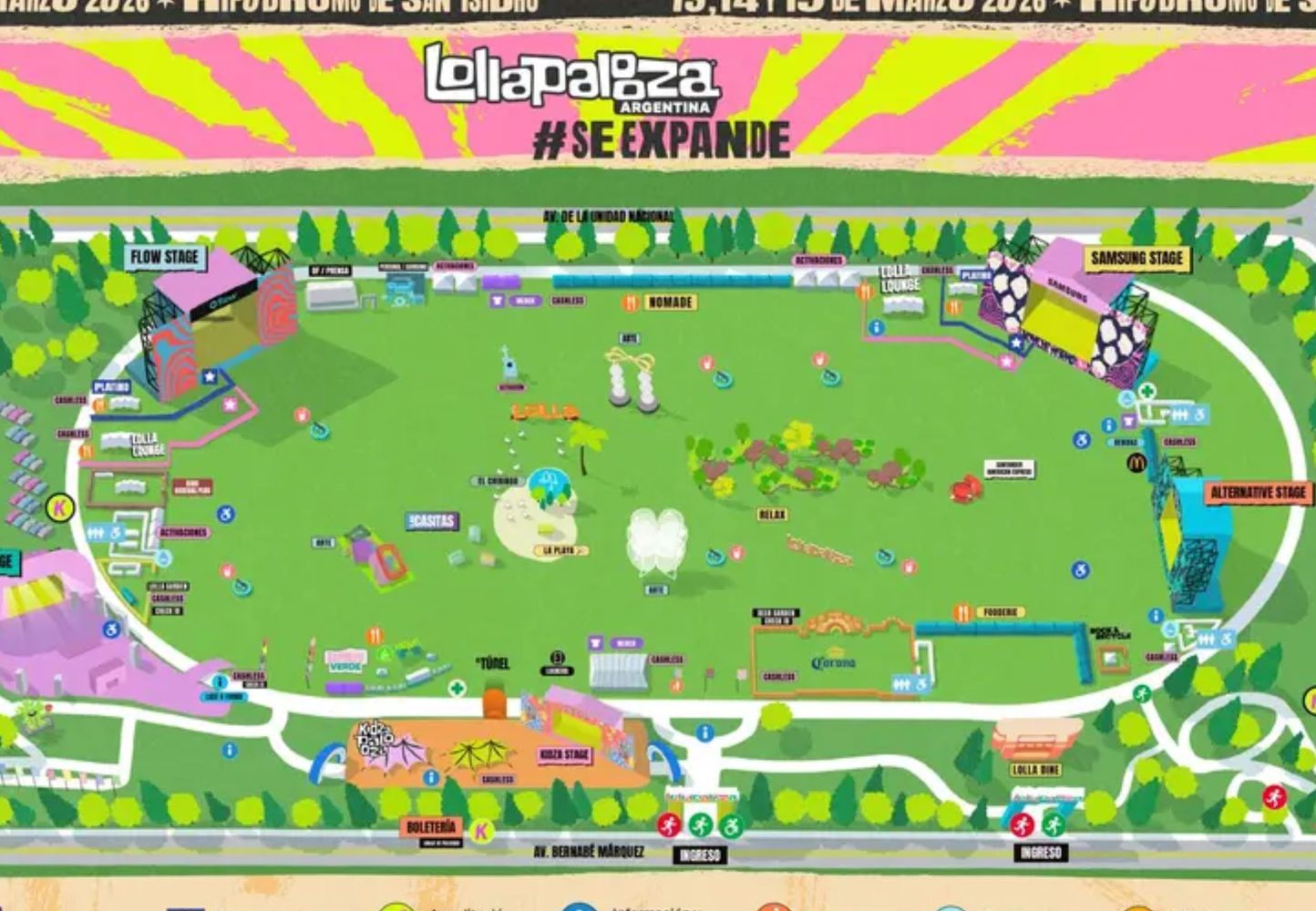 El mapa oficial del Lollapalooza Argentina 2026.