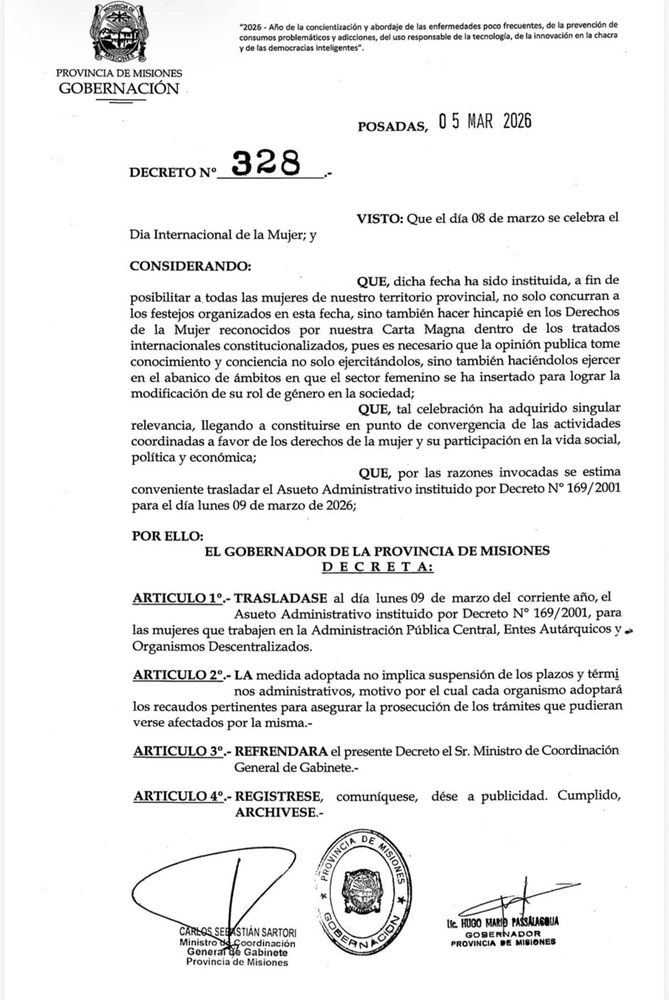 Trasladaron el asueto por el Día de la Mujer y este lunes no habrá clases en Misiones.