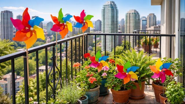 Los molinillos de viento aportan color y cumplen funciones prácticas en balcones y jardines urbanos.