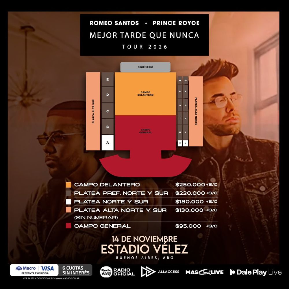 Romeo Santos y Prince Royce en Vélez 2026: precios, ubicaciones y cómo comprar entradas