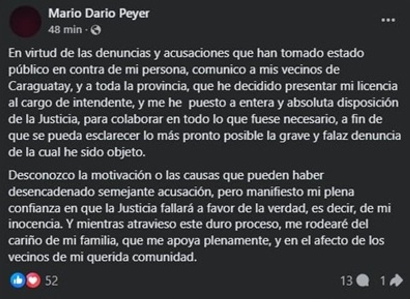 Caraguatay: el intendente Peyer pidió licencia tras la denuncia por abuso sexual.