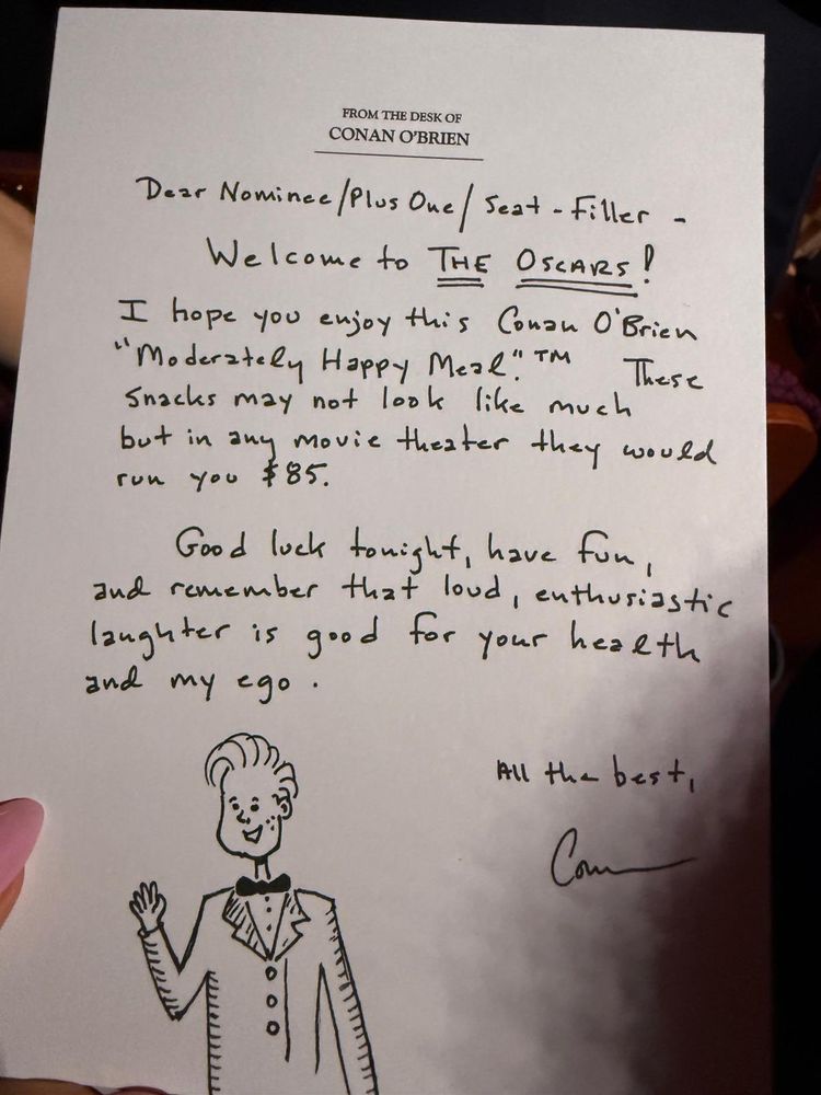 Ni caviar ni champagne: la "cajita feliz" que Conan O'Brien les regaló a las estrellas en los Premios Oscar 2026