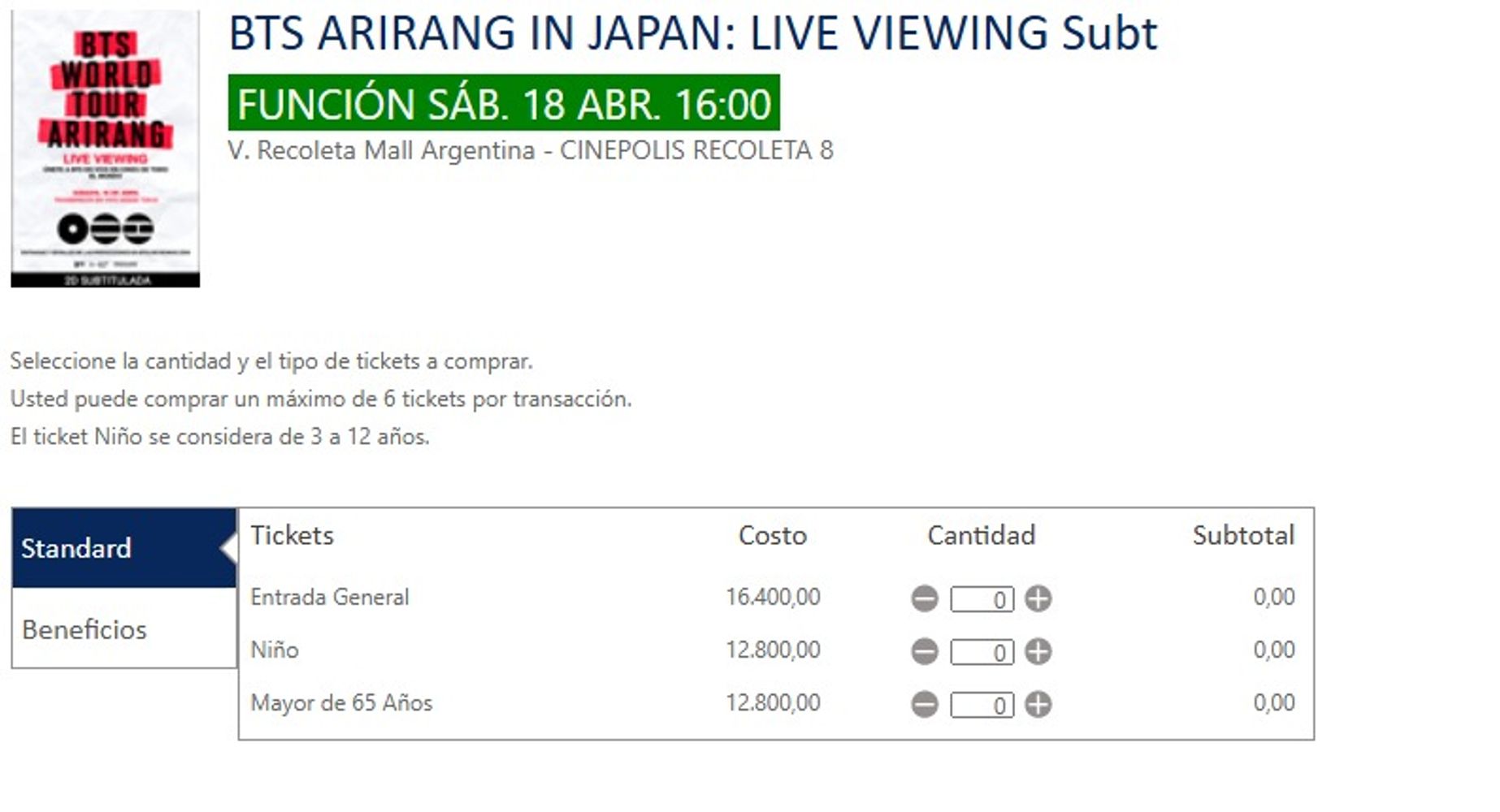 Precios estandar en Cinépolis.