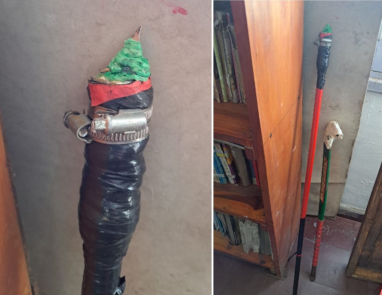 Al lado de los libros, un largo mango con una punta afilada y un palo de hockey con dos púas, parte de los elementos secuestrados en los galpones que ocupa la organización social Túpac Katari.