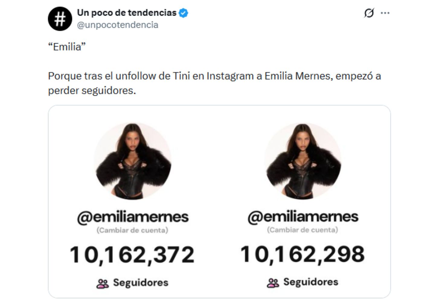Aseguran que, tras la polémica, le bajaron los seguidores a Emilia.