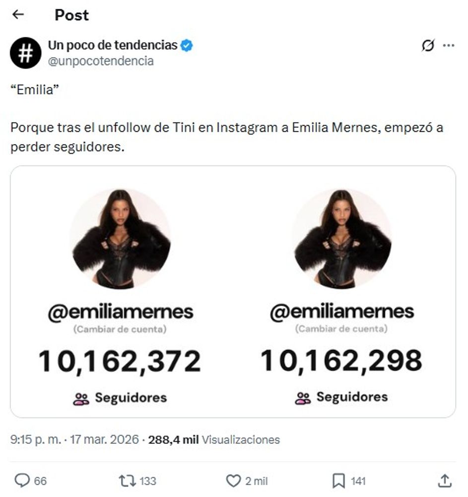 Cuántos seguidores perdió Emilia Mernes en Instagram tras el explosivo unfollow de Tini Stoessel