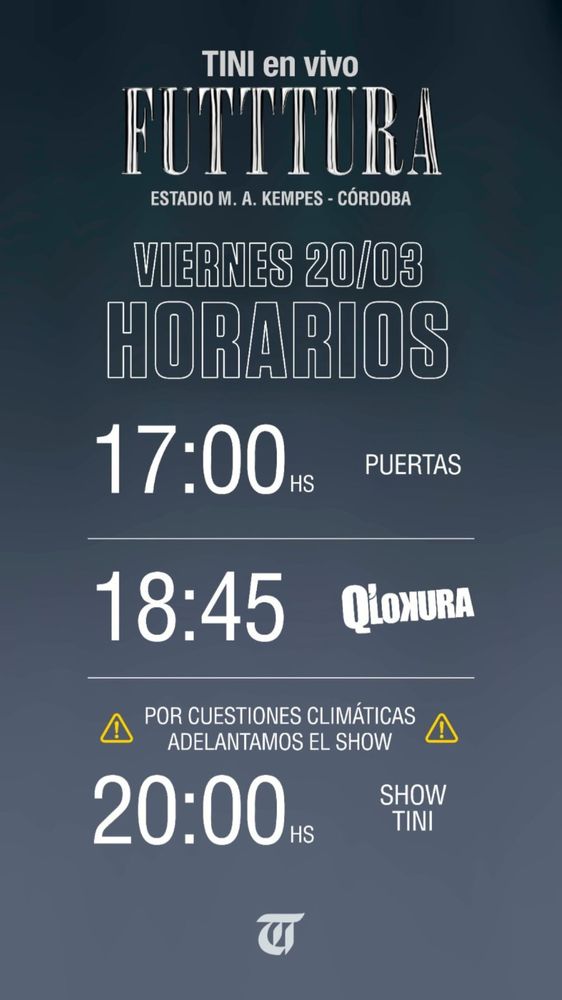 El posteo con el cambio de horario en el cual canta Tini en Córdoba.