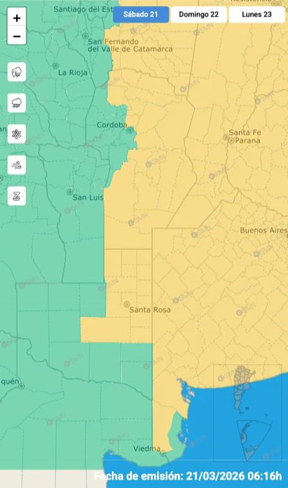 Alerta amarilla por tormentas este sábado 21 de marzo.