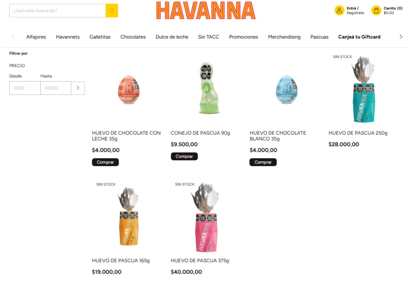Los precios en la web de Havanna.