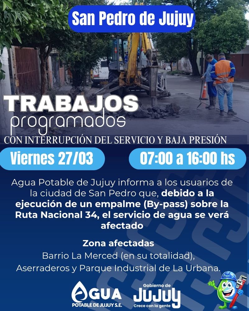 Pueza gráfica que distribuyó Agua Potable de Jujuy informando a los usuarios sobre las tareas a realizar este viernes en San Pedro.