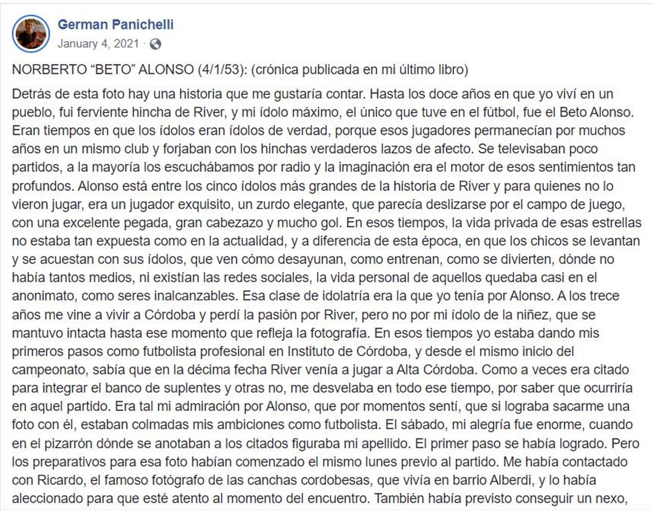 Un mensaje de Germán Panichelli para Norberto "Beto" Alonso, su ídolo.