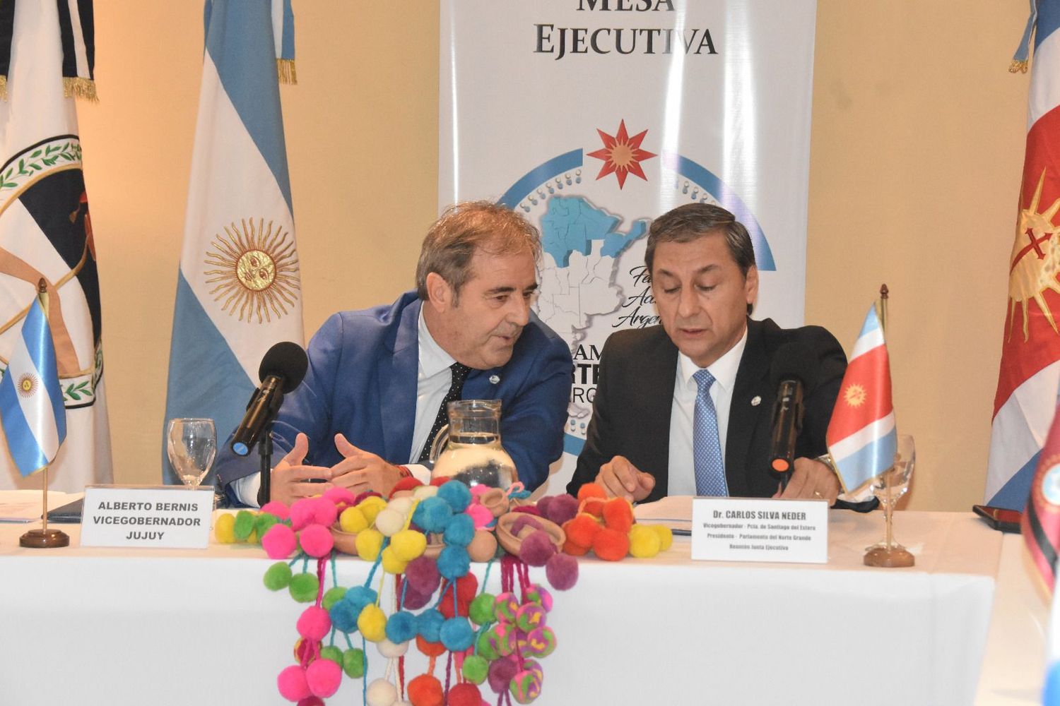 Los vicegobernadores Alberto Bernis, de Jujuy (izq.) y Carlos Silva Neder, de Santiago del Estero, en la apertura de la reunión de la Junta Ejecutiva del Parlamento del Norte Grande.