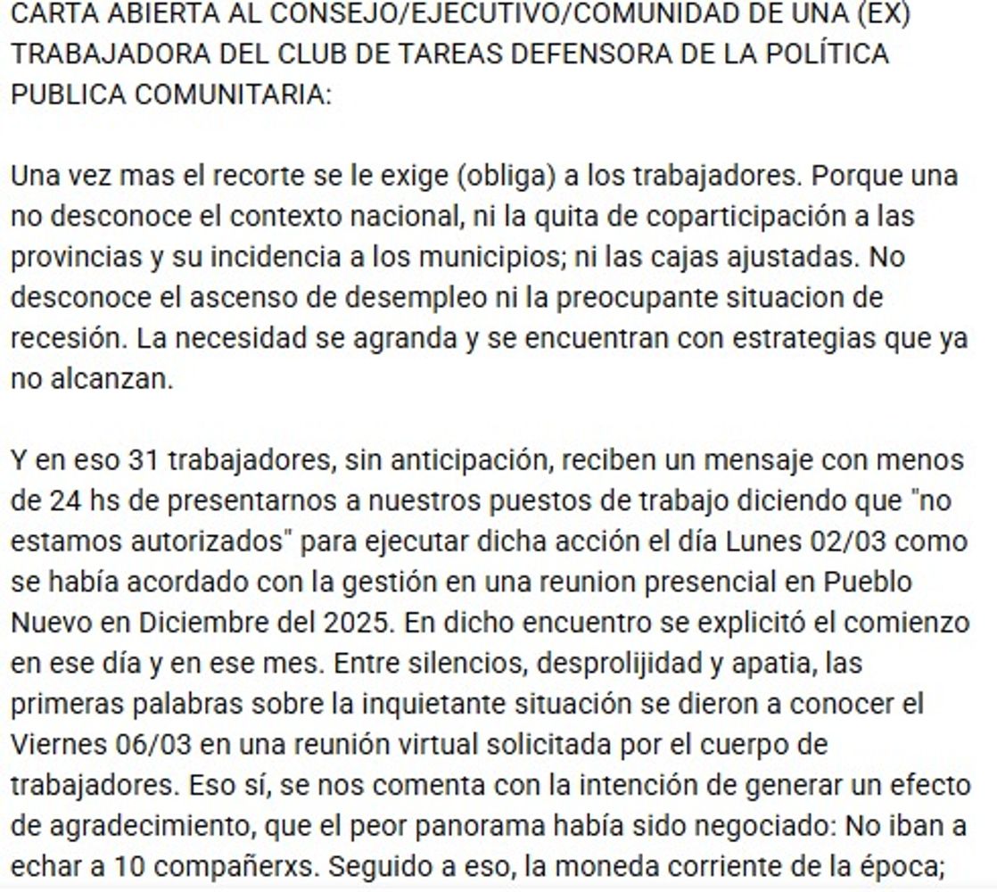 Carta de una trabajadora de Club de Tareas de Villa Gobernador Gálvez ( fragmento
