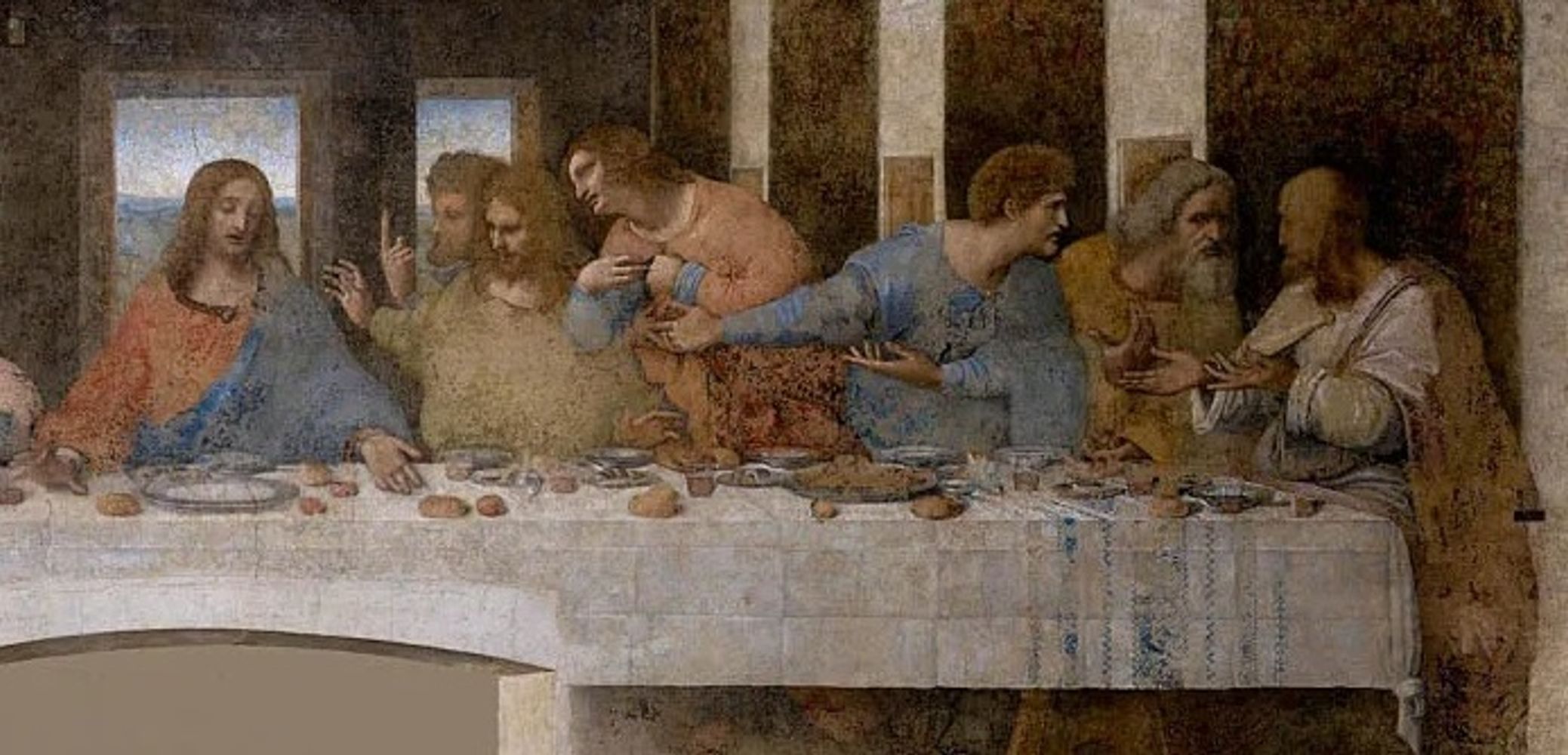 La última cena. Jesús, apacible; el resto, incrédulo , con nervios y dudas.