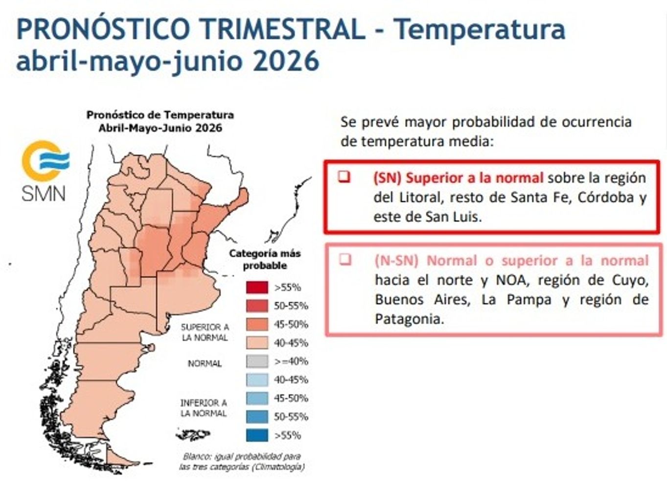 Las temperaturas medias también serán "superiores a la normal" (SN) en Córdoba.