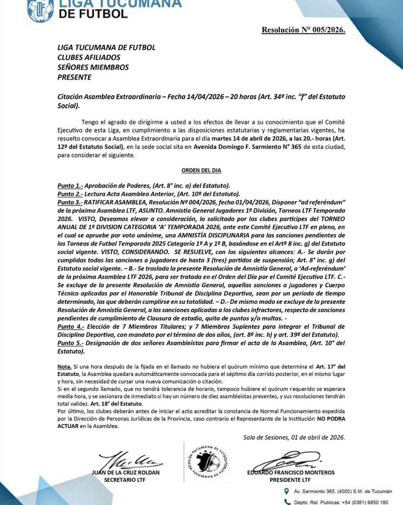 Asamblea en la Liga Tucumana de Fútbol