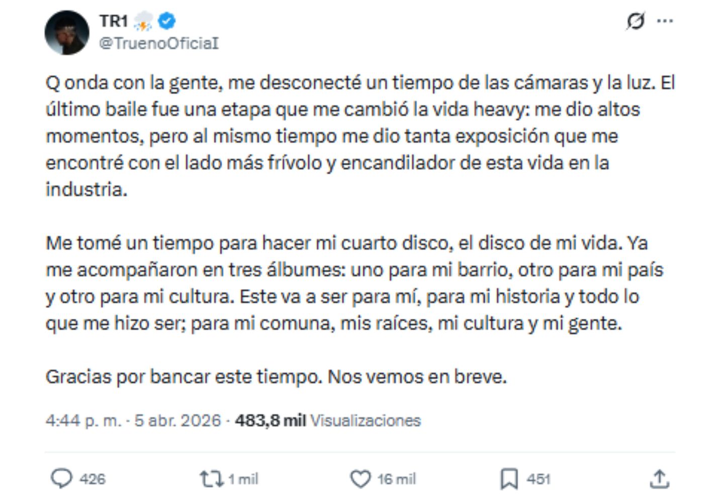 El descargo de Trueno en redes.