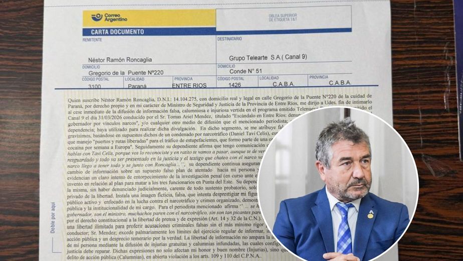 Roncaglia intimó a medios y particulares por un informe que lo vinculó con el narcotráfico.