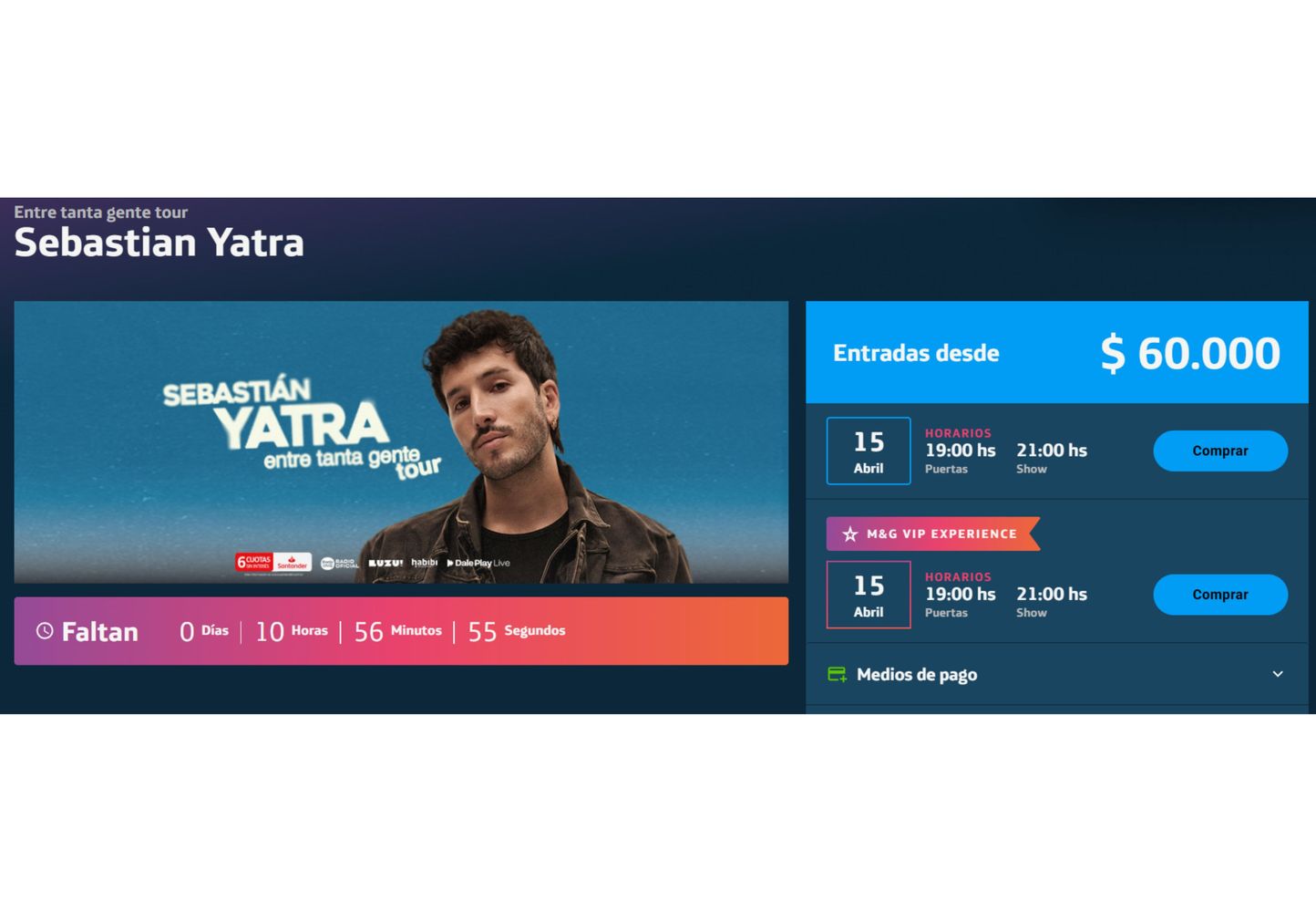 Sebastián Yatra se presenta este miércoles 15 de abril en el Movistar Arena.