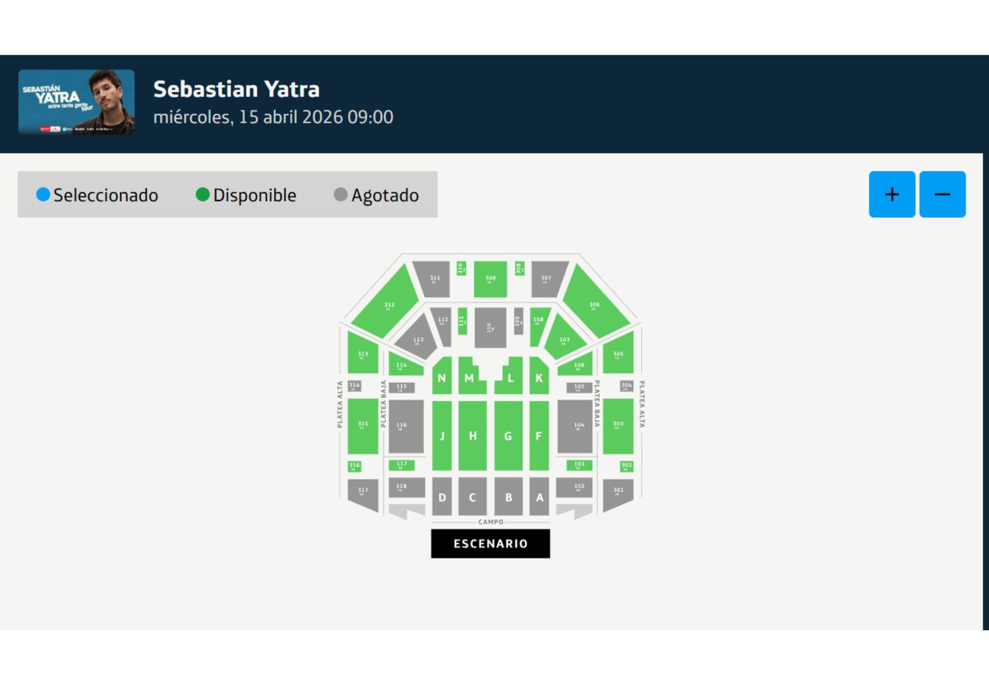 Sectores en los que hay asientos disponibles.