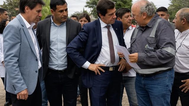 El titular de Agua Potable, Juan Carlos García (derecha), explica al gobernador Carlos Sadir y al ministro de Hacienda, Federico Cardozo, los alcances del proyecto pronto a culminar en Pampa Blanca.