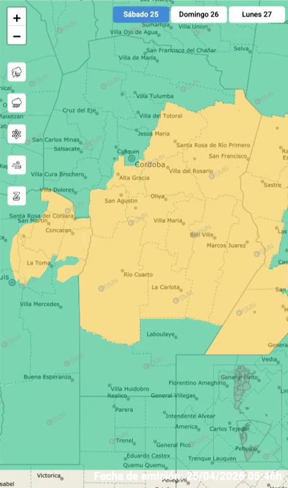 Alerta amarilla por tormenta en Córdoba este 25 de abril.
