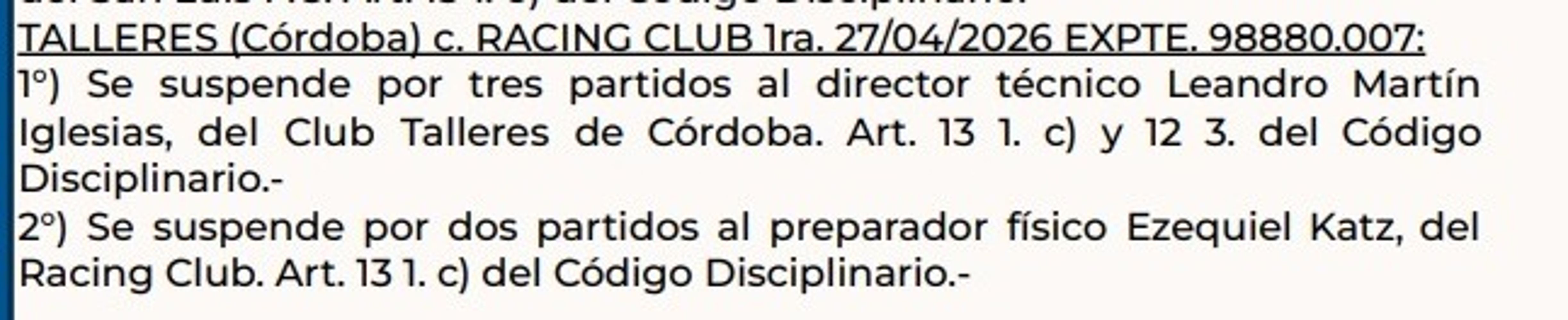 La sanción contra Leandro Martín Iglesias.