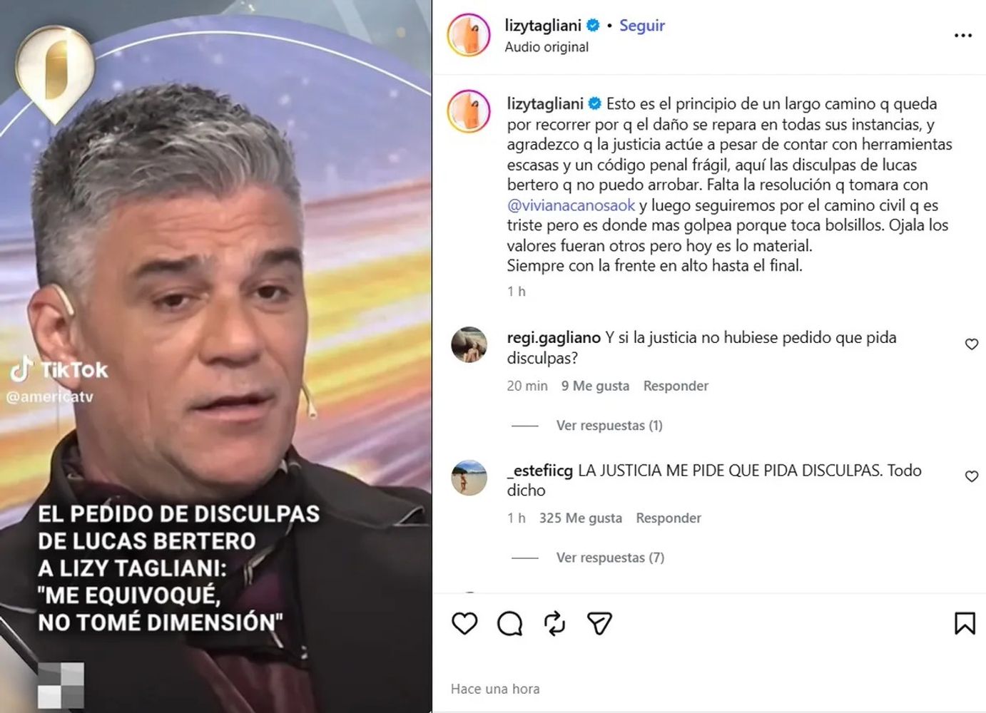 Lizy Tagliani sobre el pedido de disculpas de Lucas Bertero
