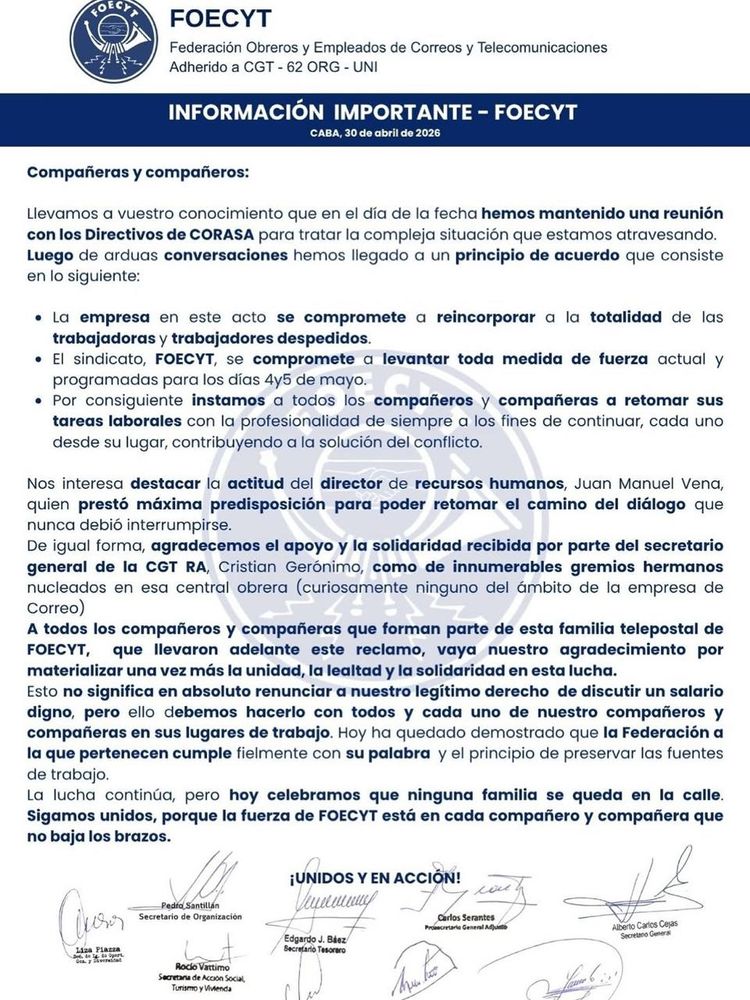 Los comunicados del gremio por los despidos en Correo Argentino.