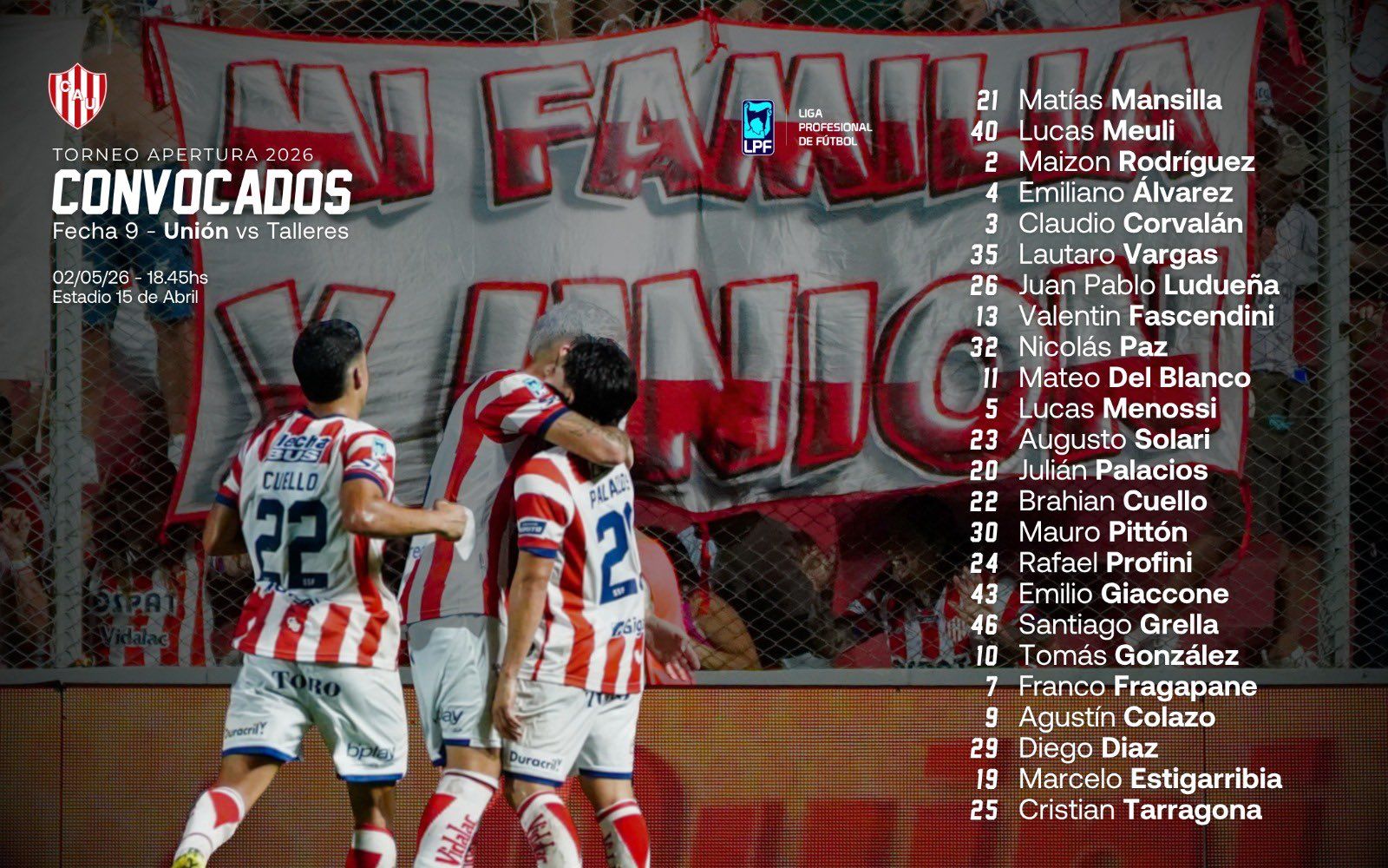 Los convocados para el partido entre Talleres y Unión.