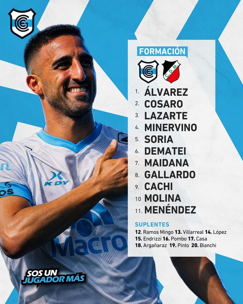 Los once titulares y el banco de suplentes que presentó el DT Hernán Pellerano este domingo para enfrentar a Maipú, de Mendoza