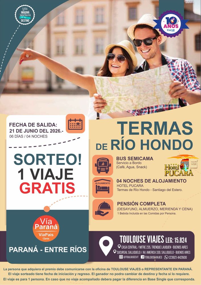 Vía Paraná y Toulouse Viajes lanzan un sorteo con dos destinos: Iguazú y Termas de Río Hondo.