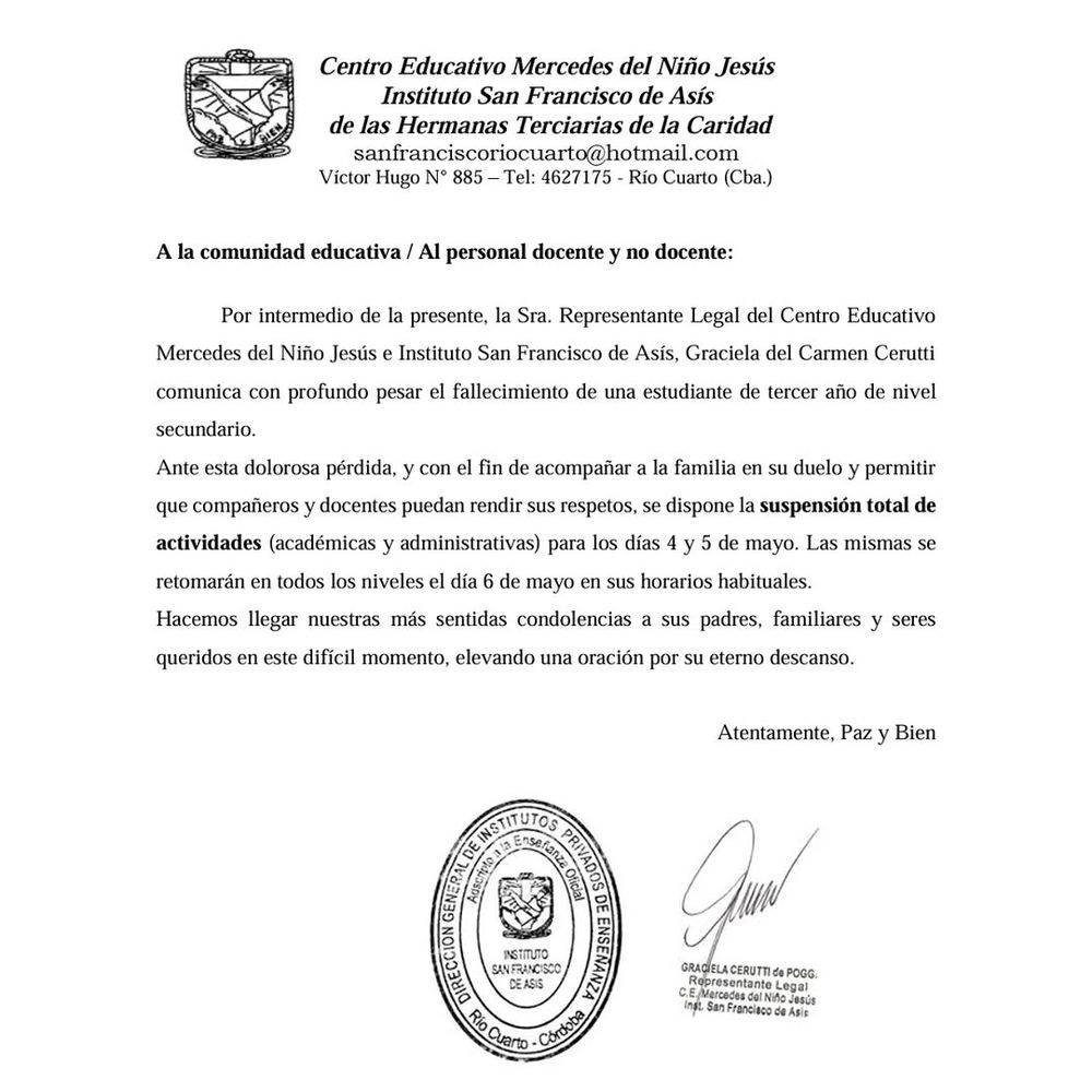 El mensaje por la alumna en Río Cuarto.