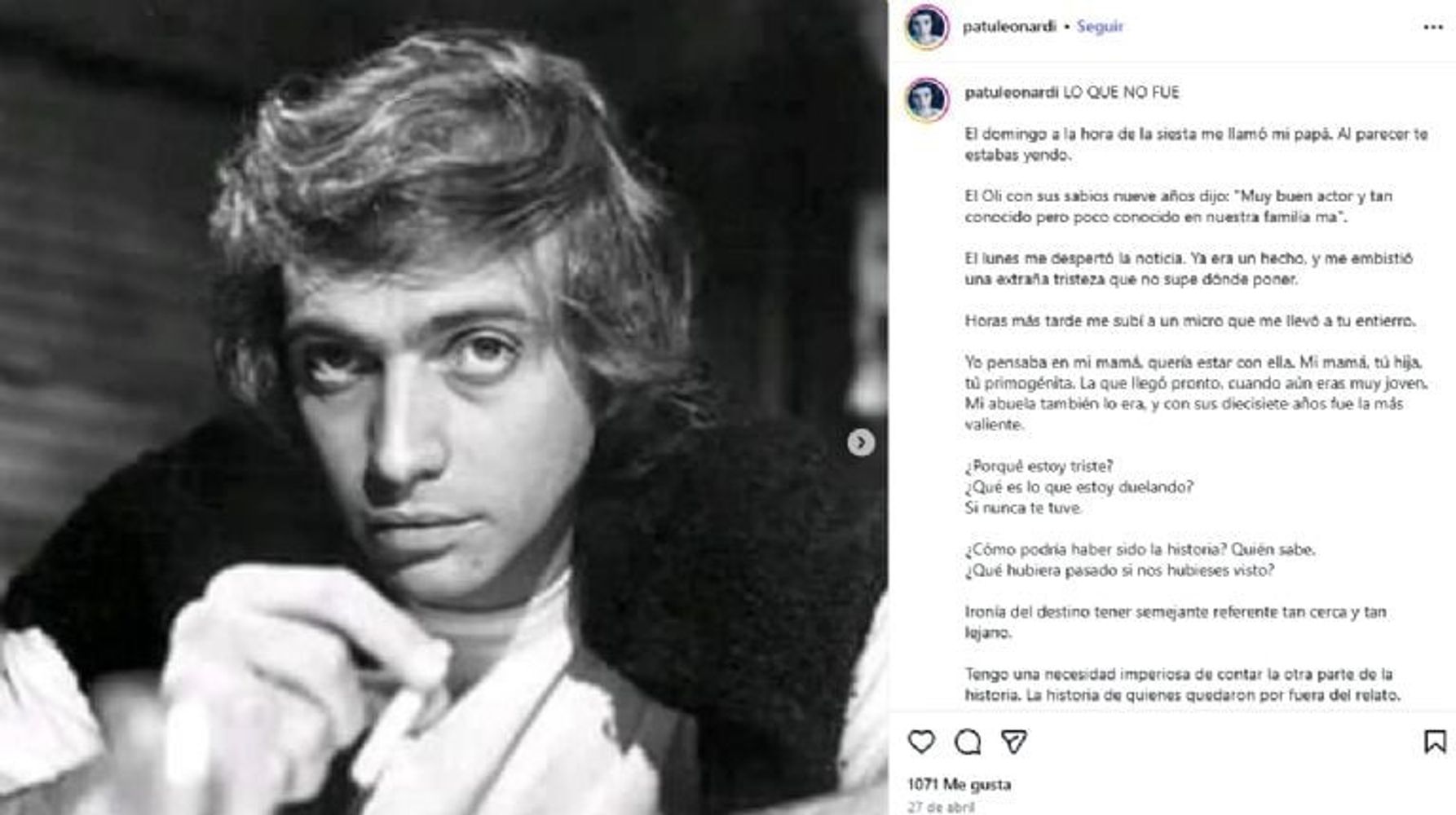 La carta sobre Luis Brandoni que publicó Patu Leonardi.